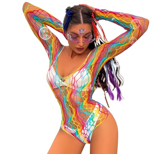 Kimfeng Rainbow Fishnets Bodysuit Hollow Out Sexy Lingerie for Women Off Shoulder One Piece Babydoll Stripper Outfits Exotic Dancewear Clubwear