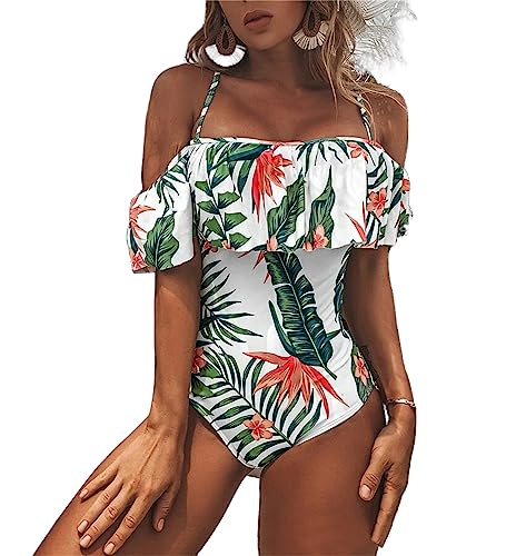 Women's One Piece Off Shoulder Vintage Swimsuits Floral Print Ruffle Bathing Suits Beachwear Tummy Control Swimwear