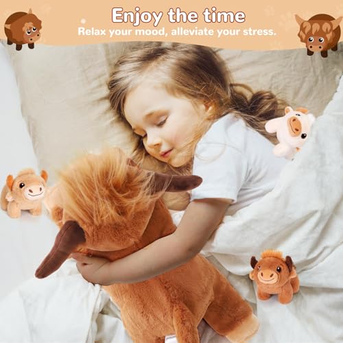 Image of 4 Pieces Highland Cow Stuffed Animals - 1 Mommy Stuffed Highland Cow with 3 Babies - Brown Cow Gifts for Girls Age 3-8, Cows Plush Toys for Christmas, Valentine's, Birthday Gifts (Brown)