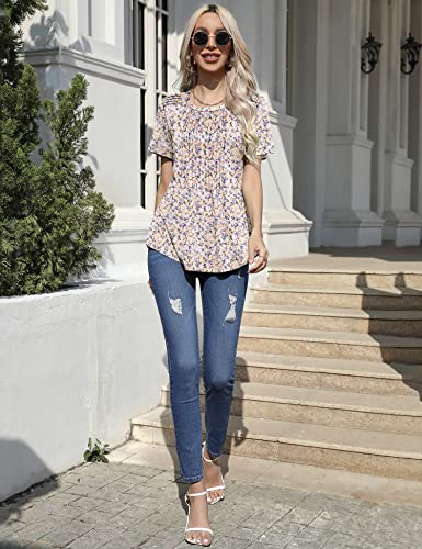 Conmite Womens Short Sleeve Tops And Blouses Crew Neck Casual Tee Shirts Fashion Pleated Business Blouses(Pink+Floral,Xxl) #TOP1