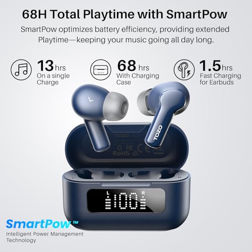 Image of TOZO Hybrid Active Noise Cancelling Wireless Earbuds with 6 Mics AI Clear Call Ear Buds 68H Playtime with LED Display 32 Preset EQs via APP Bluetooth 5.3 IPX8 Waterproof in Ear Headphones