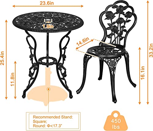 Sun & Summer Cast Aluminum Outdoor Furniture Patio Dining Set For 3, Round Dining Table With 1.8" Umbrella Hole And 2 Cast Chairs For Balcony, Lawn, Garden, Backyard #TOP2