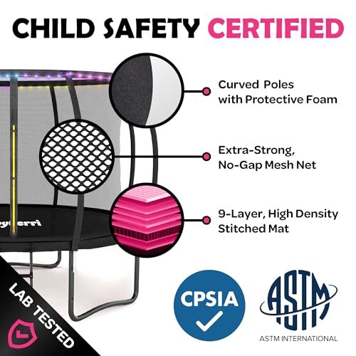 Image of JoyBerri Upsurge Trampoline Outdoor - ASTM Certified Safe 8Ft 10Ft 12Ft 14Ft 15Ft 16Ft Recreational Trampoline for Kids and Adults. Anti-Rust Coating with Enclosure Net, Ladder, Sprinkler & LED Lights