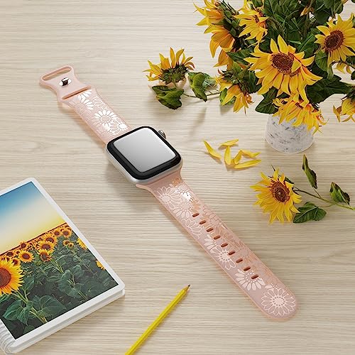 Image of Sunflower Engraved Band Compatible with Apple Watch Bands 38mm 40mm 41mm 42mm 44mm 45mm 49mm Women, Designer Soft Glossy Floral Silicone Strap for iWatch Series Ultra 11 10 9 8 7 6 SE 5 4 3 2 1
