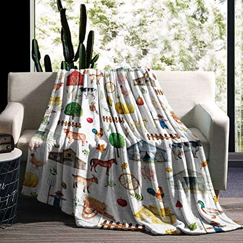 Farm Animal Throw Blanket, Cartoon Farm Party Favors Horse Animal Print Oil Painting Colorful Patterned Throw Blankets Best Gifts for Anime Lovers Baby Kids, Fleece Blanket for Adults - 50 × 60 Inches