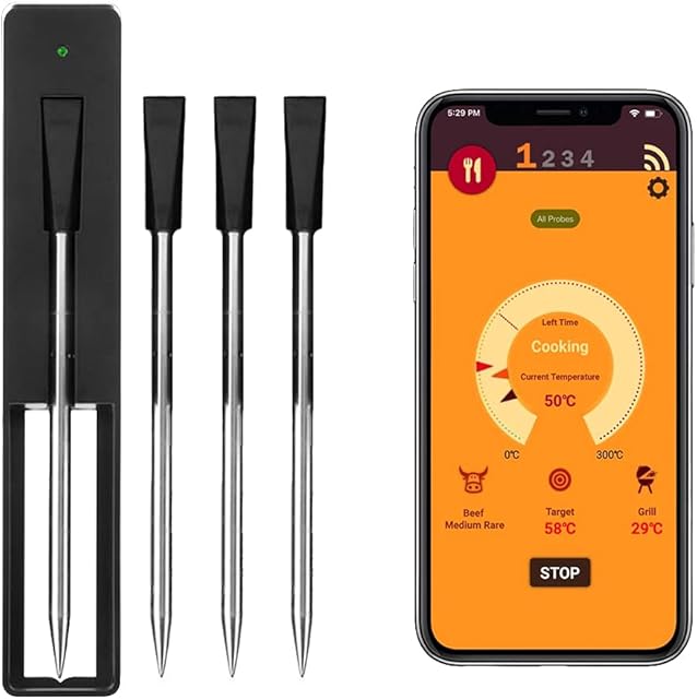 Meat Mate BBQ Meat Thermometer Block 4 Pack | 30M Long Range, Smart, Wireless, Assisted Food Cooking Thermometer For The Oven, Grill, Kitchen, BBQ ,Smoker, Rotisserie with Bluetooth Connectivity