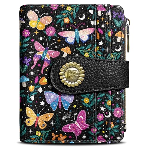 Image of Kelvoris Butterfly Small Rfid Women Wallet Bifold Zipper Coin Pocket | PU Leather Compact Cash Credit Card Holder Travel Purse for Female Ladies Teen Girls 1 ID Window 10 Card Slots