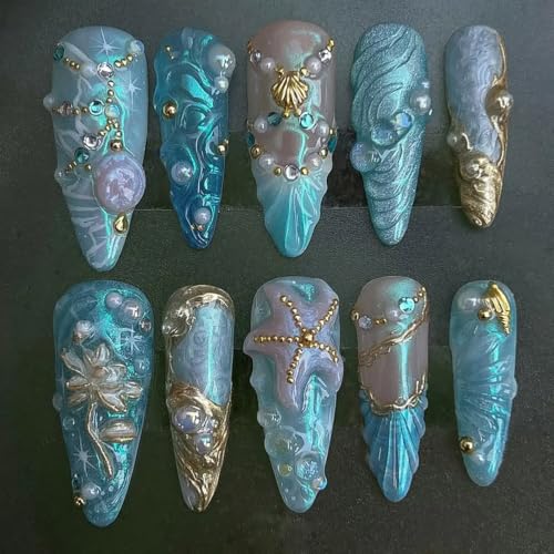 30Pcs Summer Mermaid Press on Nails Medium Almond Fake Nails 3D Starfish with Gold Pearl Rhinestone Designs Blue Ocean False Nails Cute Beach Stick on Nails for Women Acrylic Manicure Decoration