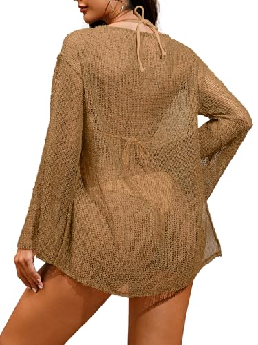 Image of Lilosy Sexy Crochet Sheer Kaftan Caftan Beach Dress Bathing Suit Swim Coverup Summer Vacation Outfits One Piece