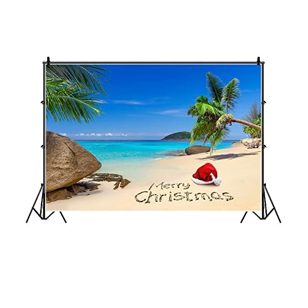 Laeacco Vinyl-Hintergrund, 2,2 x 1,5 m, Motiv: Weihnachtsmannmütze, tropischer Strand, Felsen, Palmen, Insel, blaues Meer und Himmel, Landschaft, Hintergrund für Kinder, Portraits, Fotostudio – Bild 4