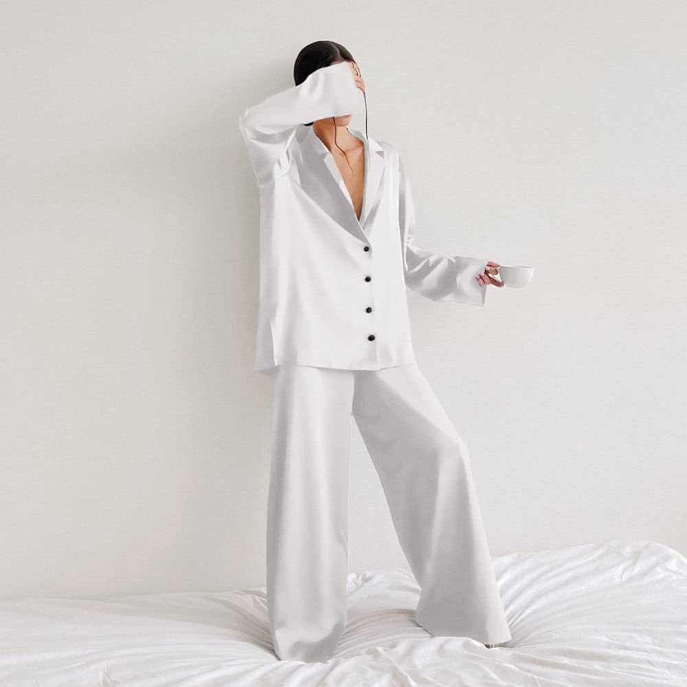 Ensembles De Pyjama Femme,Ensemble De Vêtements De Nuit À Col en V Blanc À Manches Longues pour Femmes Pyjama Deux Pièces Personnalité Douce Sexy Cadeau De Festival Loungewear Décontracté Pou