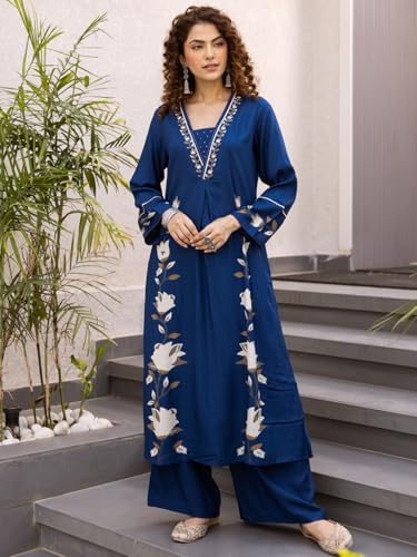 Image of INDO ERA Women's Viscose Rayon Floral Printed A-Line Kurta & Palazzo Set