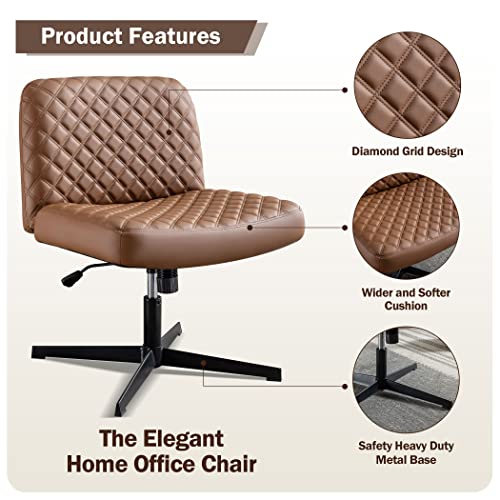 Armless Pu Leather Office Desk Chair,Cross Legged Home Office Chair No Wheels Heavy Duty Metal Base,120° Rocking Ergonomic Pc Chair,Thicken Padded Swivel Vanity Chair For Women, Girls,Accent Chair #TOP2