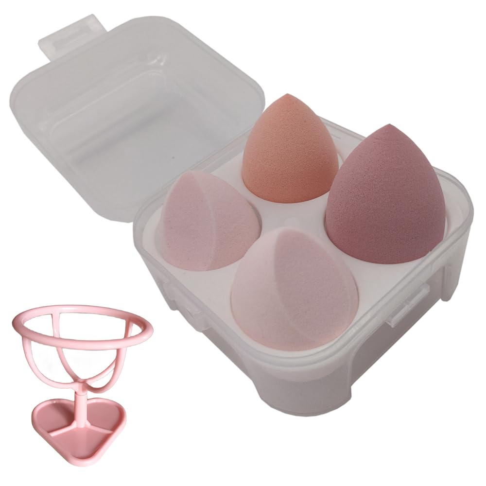 4 Pcs Beauty Blender Complexion Sponge with 1Pc Sponge Holder Beauty Spone Foundation Blending Sponge Ideal for Makeup Highlighters, Powder, Cream or Liquid foundation (Pink)