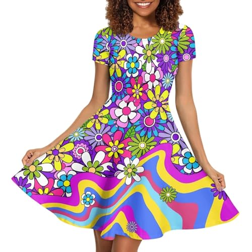 Image of POLERO Sunflower Dress for Women Floral Summer Dresses Short Sleeve Casual Sundresses Midi Dresses