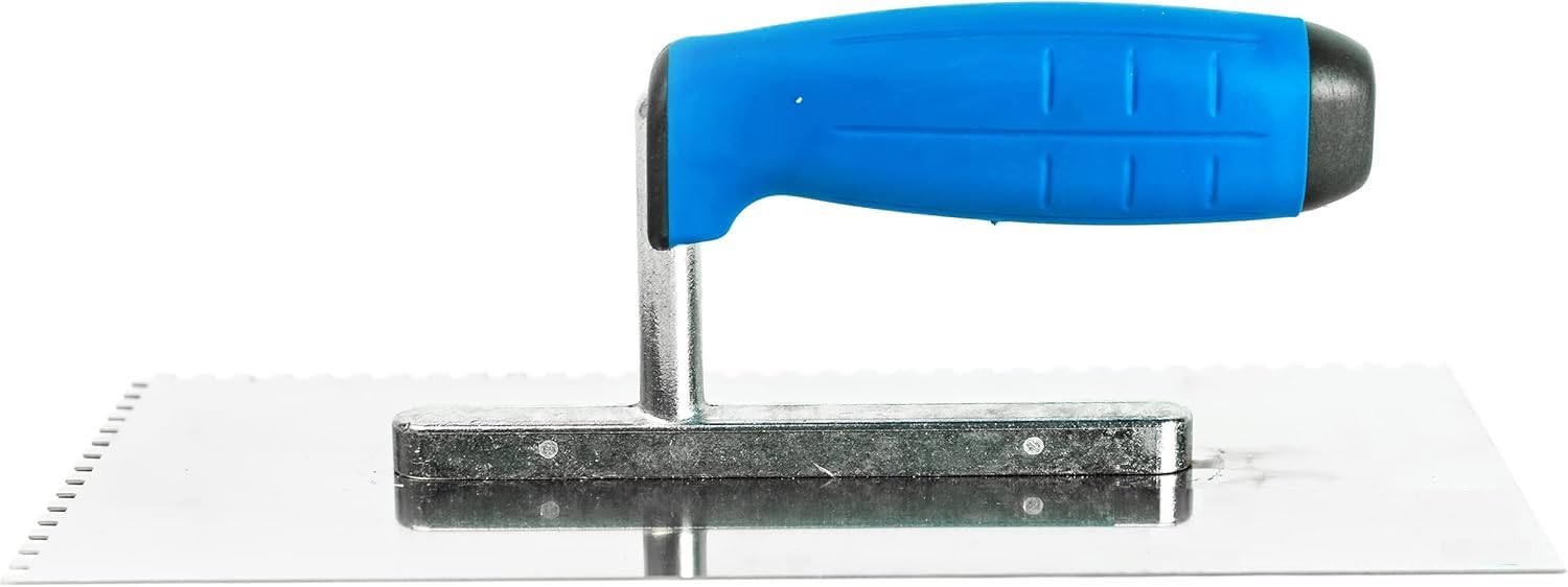 Fliesenkelle aus Edelstahl, gekerbt, 270 mm – 4 x 4 mm, quadratische Kerbe, Klebstoffspachtel mit weichem Griff, für Wand- und Bodenfliesenprojekte, langlebiges und rostbeständiges Werkzeug (N7804)