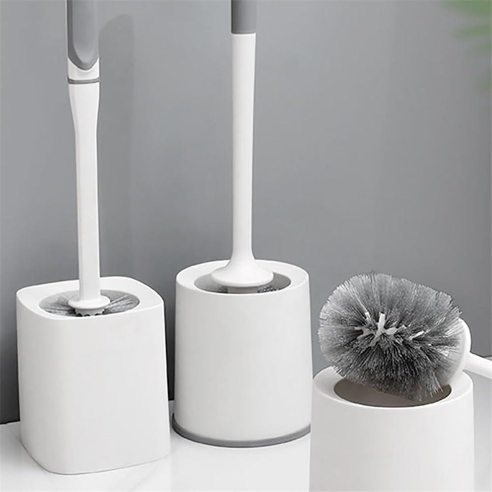 Toilet Brush Holder Household Toilet Brush Bathroom Punch-Free Long Handle Cleaning Set Square Holder Toilet Brushes(White)
