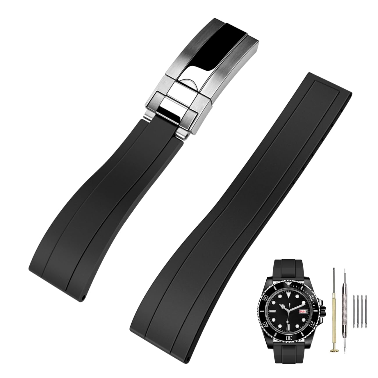 Kai Tian Correa de reloj de silicona TPU de 20 mm para hombres y mujeres, correa de reloj de caucho fluorado con cierre desplegable clásico