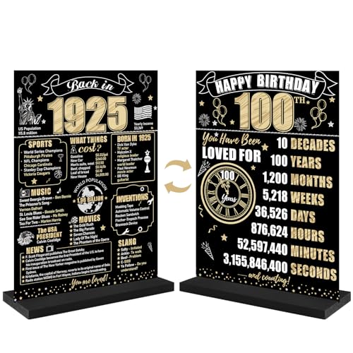 Eiurteao 100th Birthday Decorations Back in 1925 Table Sign for Men Women, Black Gold Happy 100 Bday Two-Sided Wooden Table Poster with Stand Party Supplies, 100 Birthday Display Holder Decor
