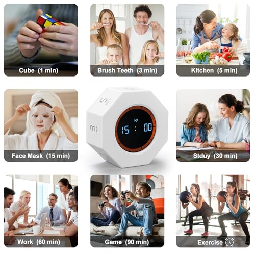 Image of Small Rechargeable Pomodoro Timer, Gravity Sensor Auto-Rotating 7 Preset Times (1 /3 /5 /15 /30 /60 /90 min) & Count Up Mode, Digital Kitchen Timers for Cooking, Work and Study (Pearl White)