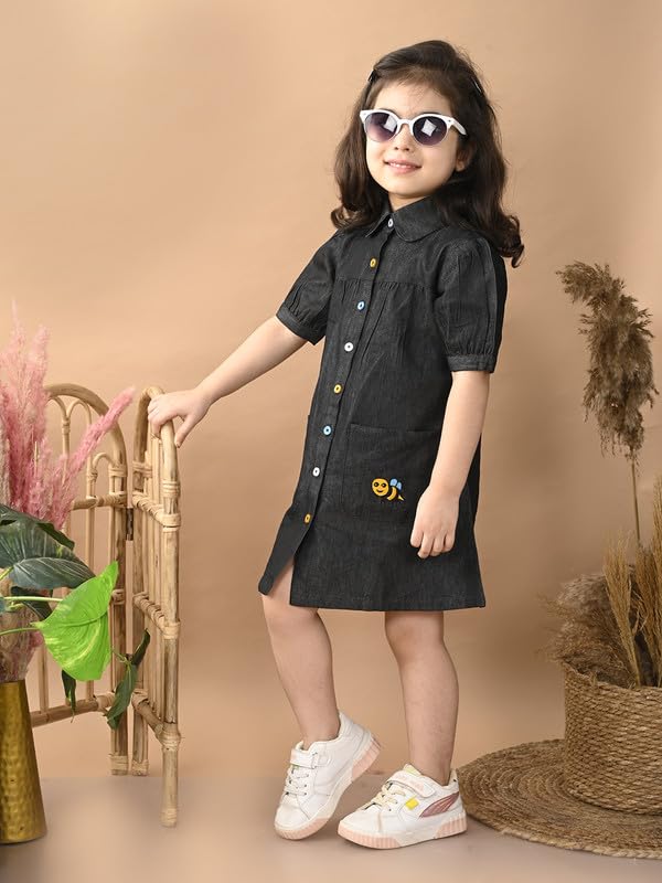 Image of superminis Girls Denim Solid Color Half Sleeves Dress with Embroidered Pocket (1 Dress)