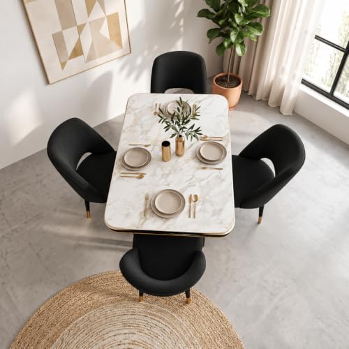 Image of 4 Seater Rectangular Dining Table Set with 4 Black Upholstered Chairs, White Marble Look Top and Gold Accents for Modern Home