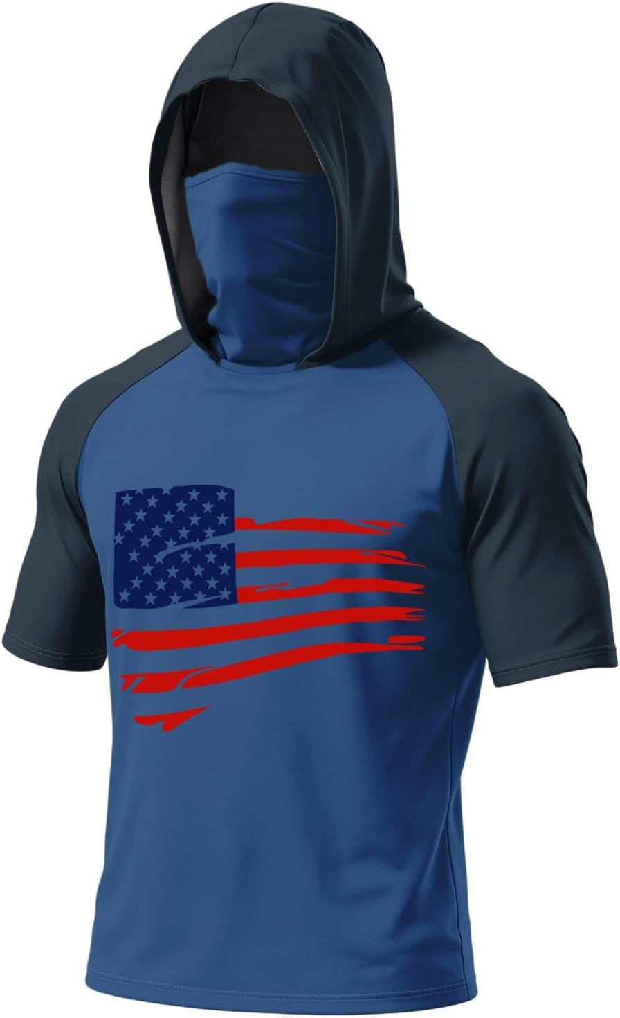 Men's 250 Anniversary USA Shirt American Flag Short Sleeve Fishing T Shirt USA Patriotic Hoodie with Mask Rash Guard