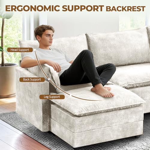 Image of LEVELEVE 147 inch U-Shape Modular Sofa with 2 Ottomans, Deep Seat Cloud Convertible Sleeper, 2 Arm Pillows, Comfortable Large Upholstered Furniture for Living Room Apartment, Beige
