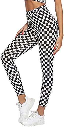 WDIRARA Women's Women's High Waisted Sporty Capris Skinny Plaid Yoga Leggings Checkered L