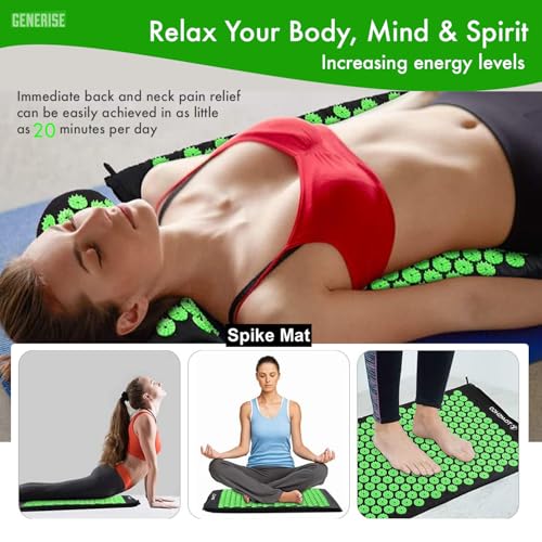 Acupressure Mat Generise Accupressure Body Mat and Pillow Set for Men & Women - Back, Neck and Muscle Pain Relief - Includes Travel Bag with Adjustable Strap (Black with Green Spikes) - Image 5