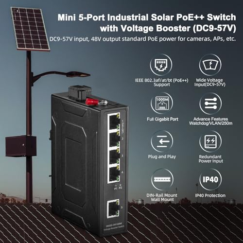 Image of Industrial 5 Port Gigabit Solar POE Switch, 1 BT 60W PoE Port, Input DC 9V-57V to DC 48V Voltage Booster, IEEE802.3af /at /bt, Din Rail Wallmount Unmanaged Fanless IP40 Switch