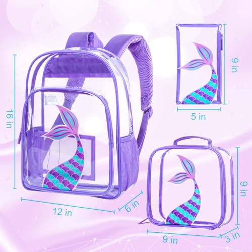 Image of AGSDON 3PCS Clear Backpack for Girls, Kids Mermaid Transparent Bookbag Heavy Duty, Cute See Through Backpacks with Lunch Bag - Purple