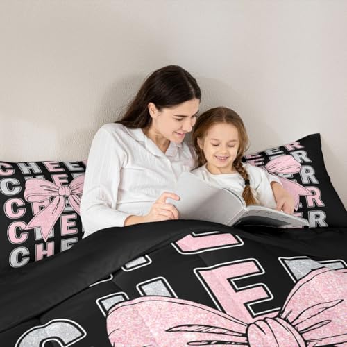 Image of Feelyou Cheer Comforter Set Full Size Pink Bowknot Bedding Set for Kids Boys Girls Sport Cheerleader Duvet Quilt Cheerleading Bedroom Decor Microfiber 3 Pcs with 2 Pillow Cases