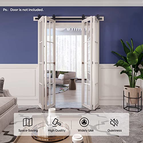 Finosen 64'' Bi-Folding Sliding Barn Door Hardware Track Kit For Four 15'' Doors,Top Mount Installation,Heavy Duty Roller,Smoothly And Quietly,Black(Door Not Included) #TOP1