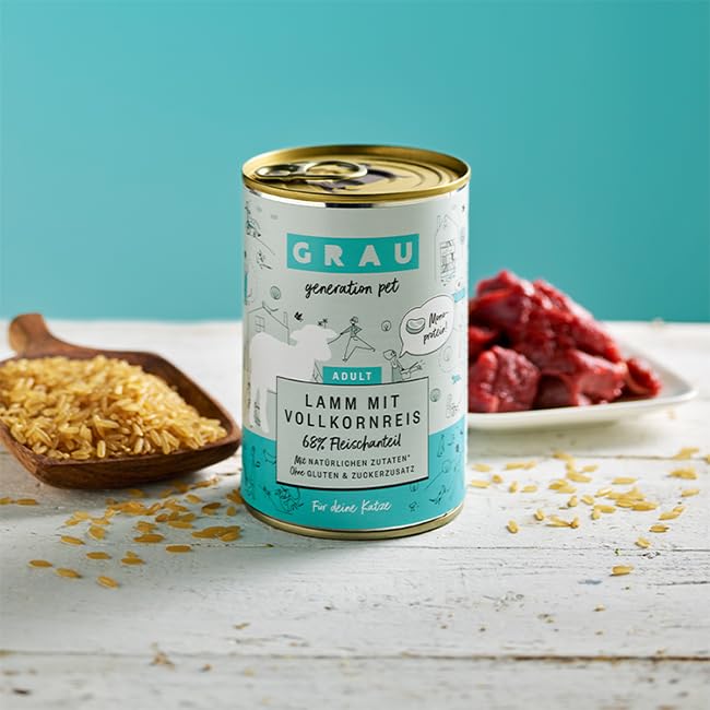 GRAU – das Original – Nassfutter für Katzen - Lamm mit Vollkornreis, 6er Pack (6 x 400 g), glutenfrei, für Erwachsene Katzen
