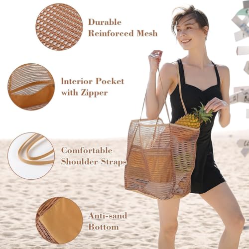 Image of Mesh Beach Bags for Women Summer Travel Tote Bag with Large Inner Pocket Foldable Sandproof Woven Shoulder Handbag Lightweight Vacation Cruise Tote for Beach Swimming Pool Poolside Gym