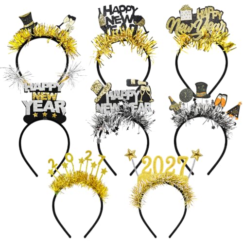 Temicle 8 Pcs 2027 New Year Headbands for Adults – Happy New Year, Champagne Glasses, Top Hats, Stars and Tinsel Headbands for New Years Eve Party Favors, Costume Accessories and Photo Booth Props