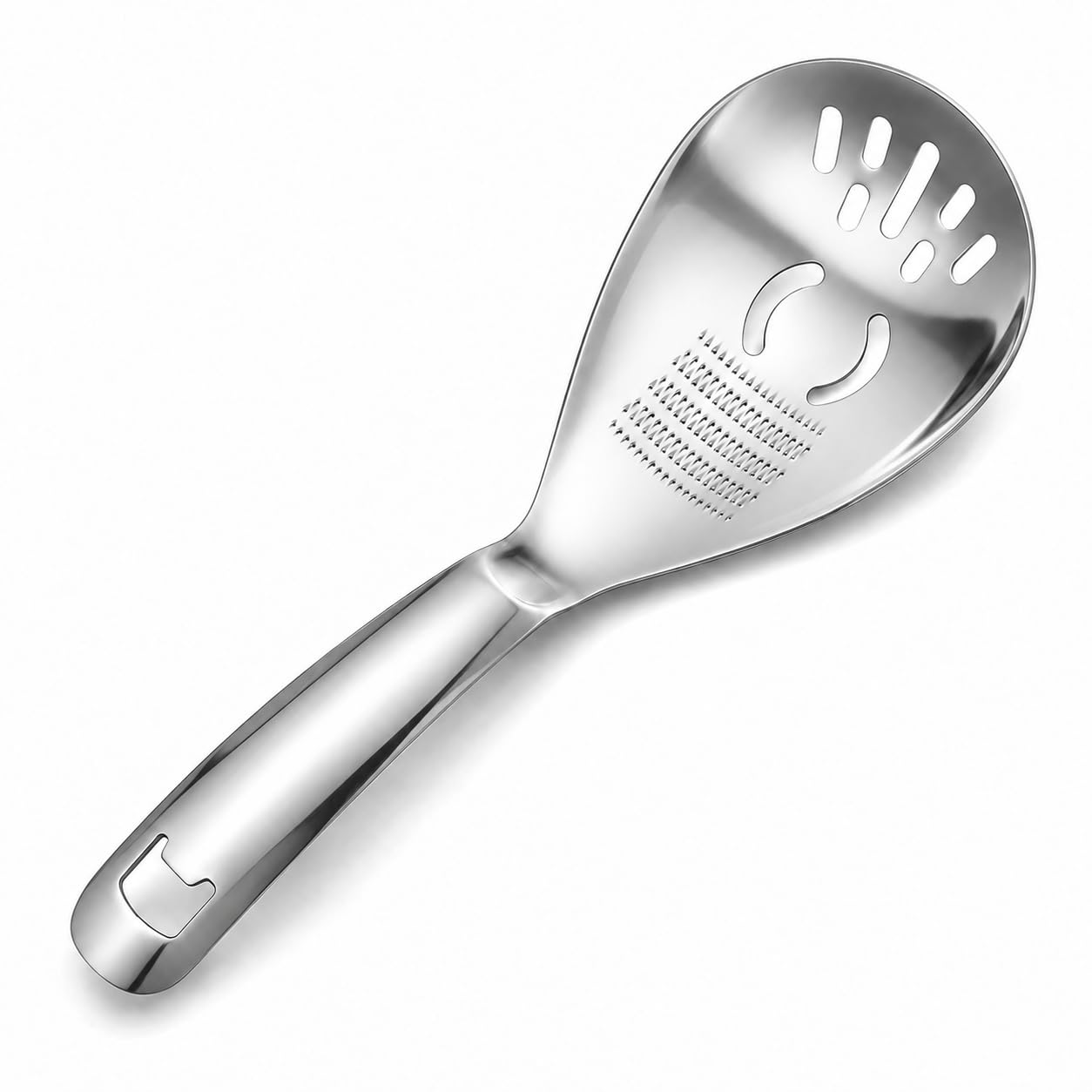 Slotted Draining Spoon, 5 in 1 Multifunctional 316 Stainless Steel Kitchen Spoon with Grinding Surface, Potato Masher, Egg Separator, Ginger Garlic Grater and Bottle Opener, 23 x 8 cm