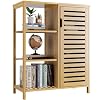 HITNET Bathroom Floor Cabinet Bamboo Storage Cabinet with Door and 3 Open Shelves Freestanding Side Kitchen Cupboard Organizer Natural