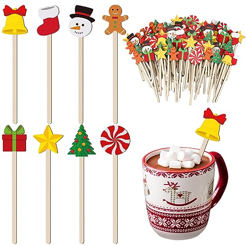 Barydat 120 Pcs Christmas Coffee Stirrers Snowman Sock Bell Wooden Coffee Stir Sticks Disposable Gingerbread Star Christmas Tree Wooden Stirrers for Cocktail Chocolate Beverage Home Office xmas party