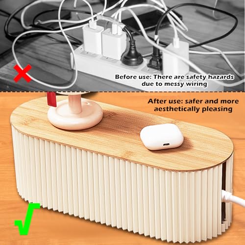 Kabelbox mit Steckdosenleiste, Kabelmanagement Box zum Verstecken und Organisieren von Kabeln und Steckdosenleisten, Schreibtisch Organizer mit Bambusdeckel für Büro und Zuhause