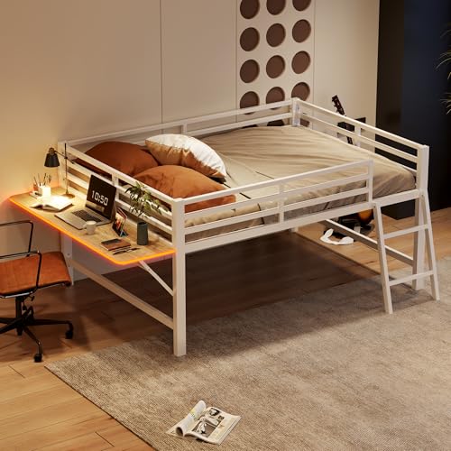 Kinderbett Halbhohes Bett Metallbett 140x200 cm, Etagenbett Hochbett mit Leiter&Schreibtisch mit LED-Lichtband, Doppelbett Stockbett Bettgestell mit Rausfallschutz&Lattenrost, Ohne Matratze, Weiß