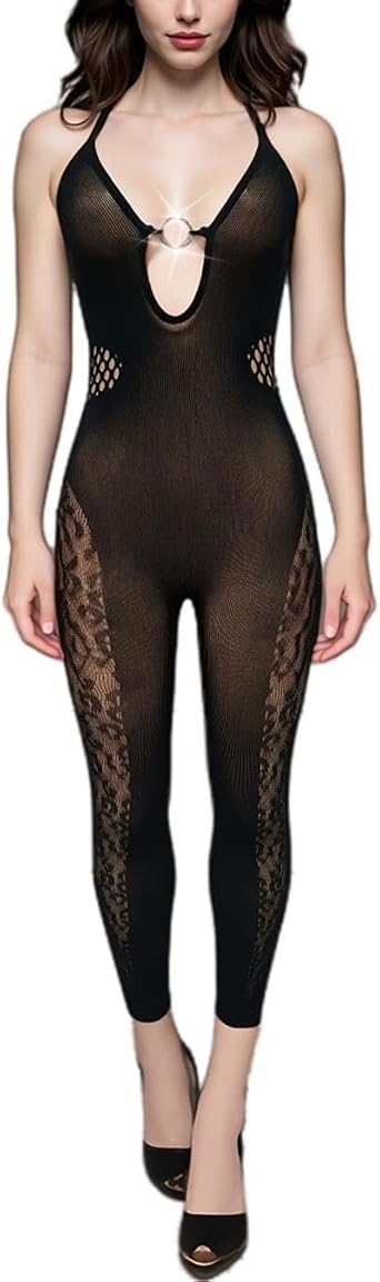 Womens Lingerie Sleeveless Leopard Fishnet Ring Design Mesh Bodysuit Halter Neck Sexy Badydoll Outfit S-XL