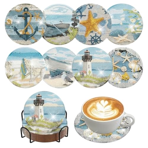 Image of HASTHIP 8 Pcs Diamond Painting Coasters Kits, Exquisite Diamond Painting Coasters with Holder, DIY Art and Crafts for Adults Kids Style Acrylic Beach Style Coaster DIY Art Kit for Adults Home Decor