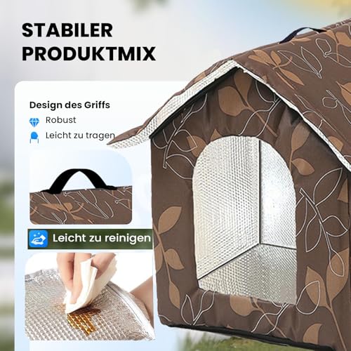 Katzenhaus Outdoor, Katzenhöhle für Draußen, Katzenhaus Für Draußen Winterfest Wasserdicht, Kombiniert isolierte Aluminiumfolie Mit abnehmbarem Transparentem Vorhang (M, Braun)
