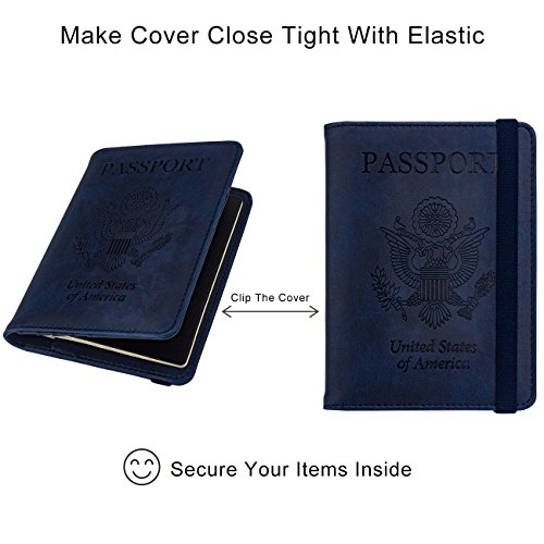 Image of WALNEW Passport Holder for Travel, RFID Passport Cover Wallet for Women Men, PU Leather Passport Book Card Holder Case with Pen (Elastic Band Closure, A-Navy Blue)