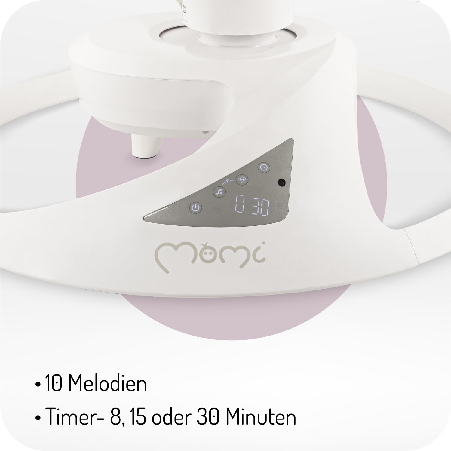 MoMi Babywippe PEARL für Babys bis 9 kg, 360° drehbarer Sitz, LED-Panel, Bluetooth, Fernbedienung, Batterie- oder Netzbetrieb, Netzteil mit USB-Kabel, 5-Punkt-Sicherheitsgurt, Bügel und Spielzeug