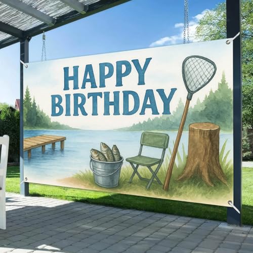 Image of HOMETITUTE Fishing Happy Birthday Banner 71x43 Inch Outdoor Theme