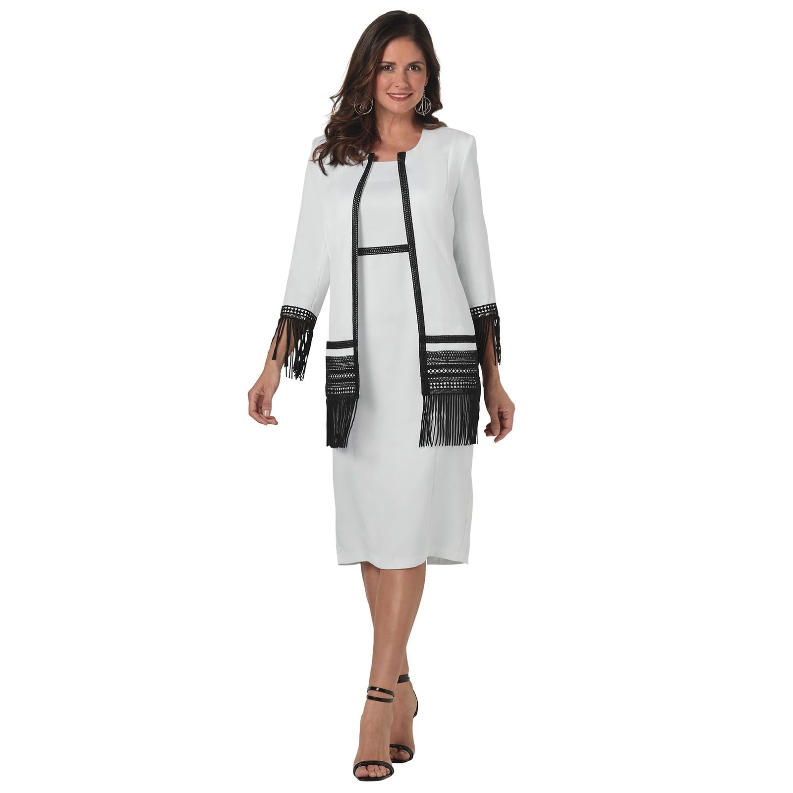 Masseys Fringe Embroidered Dress Jacket Set