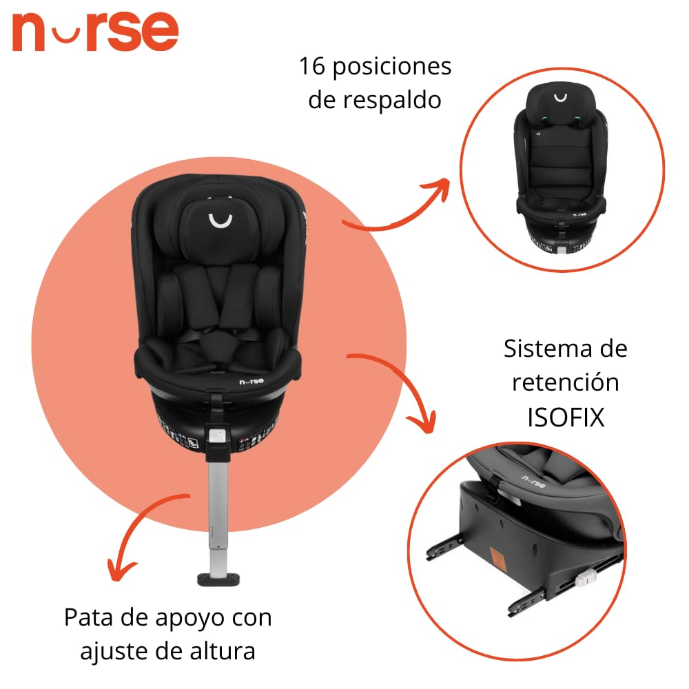Nurse Titane Silla de Coche i-Size 40–150 cm, 360º, ISOFIX y Pata de Apoyo, A Contramarcha y Cara Marcha, Protección Lateral, Negro